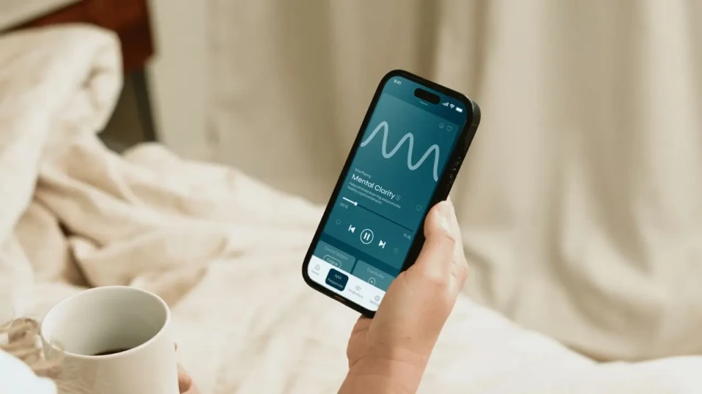 A hand holding a smartphone displaying the SOAAK app playing “Mental Clarity” with a waveform visualizer, alongside a white mug and soft bedding in the background, conveying a calm, at-home mindfulness experience using the app.