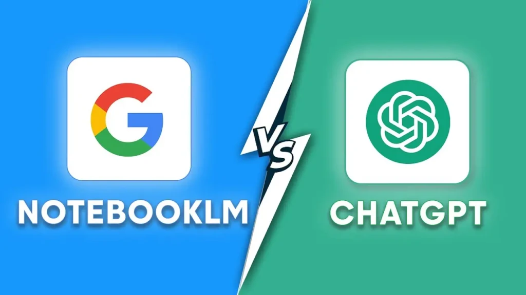 Comparison graphic featuring Google NotebookLM on a blue background and ChatGPT on a green background, separated by a white 'VS' lightning bolt.