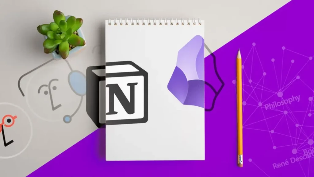 A stylized flat-lay featuring the Notion logo (black “N” cube) overlapping a spiral notebook, alongside a succulent, pencil, and abstract illustrations of faces and networks on a split gray-and-purple background, evoking creativity, personal knowledge management, and structured thinking.