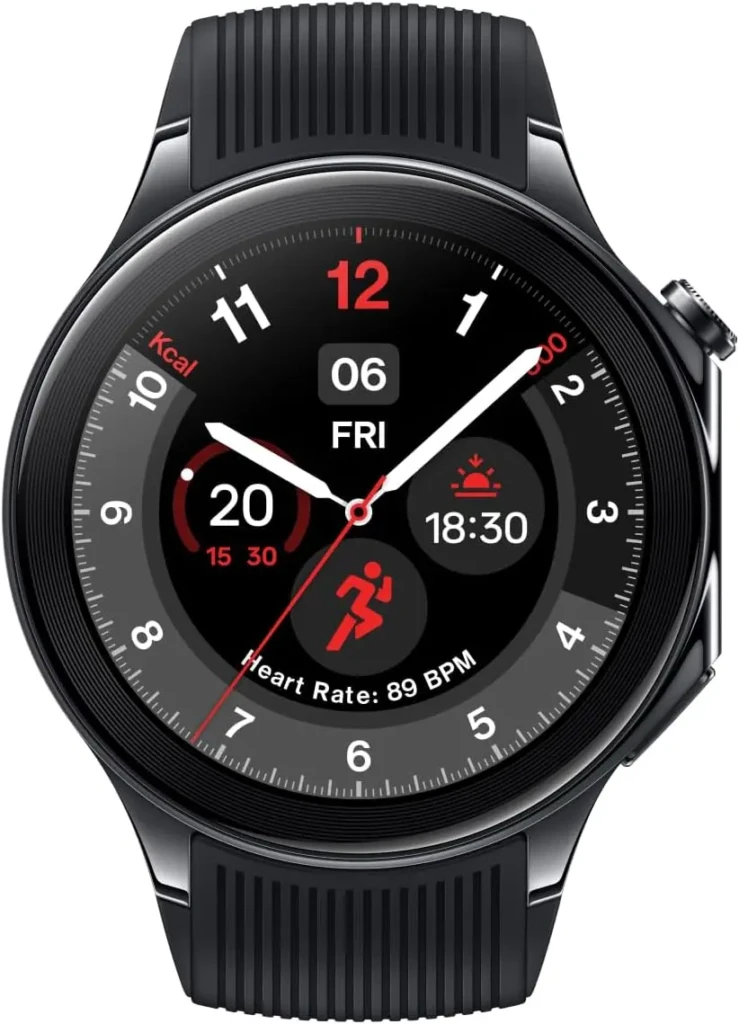 A black circular smartwatch with a detailed analog-digital hybrid watch face showing time (12:06), day (FRI), heart rate (89 BPM), calories (20 kcal), and sunset time (18:30), all overlaid on a classic dial layout with red accents, emphasizing fitness tracking and elegant design.