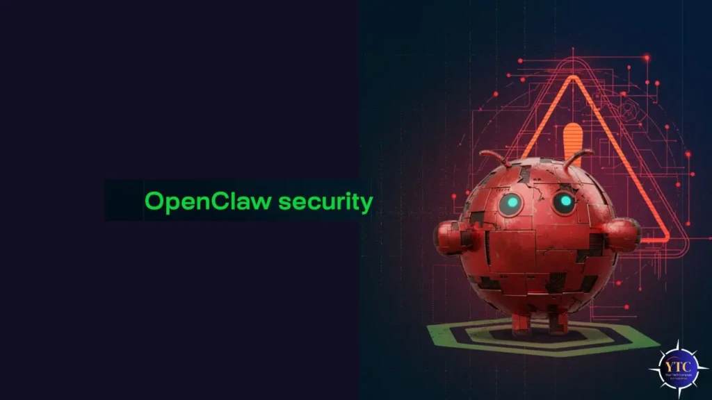 A split-screen graphic with “OpenClaw security” in green text on a dark left panel, and a stylized red spherical robot with glowing cyan eyes, circuitry overlays, and an orange triangular warning symbol in the background on the right, visually emphasizing security-focused AI architecture and potential risk awareness.