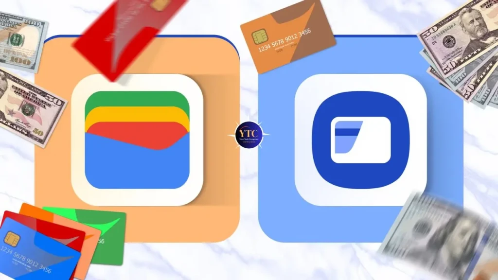 A side-by-side comparison of Google Wallet (left, orange background with multicolored card icon) and Apple Wallet (right, blue background with white card icon), surrounded by floating physical cards and U.S. currency, visually framing the ecosystem rivalry in mobile wallet services.