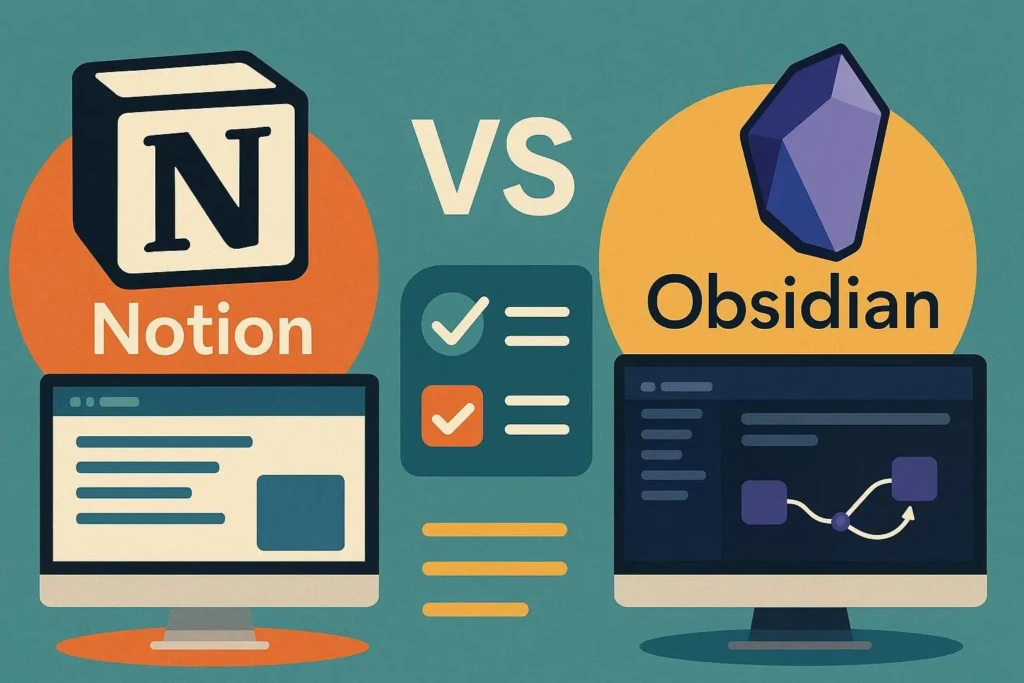 A bold illustrated comparison titled “Notion VS Obsidian,” with Notion’s cube logo over an orange circle and desktop UI on the left, a central checkmark-themed “VS” panel, and Obsidian’s crystal logo over a yellow circle with its graph-based editor UI on the right, visually framing their core paradigms: database-centric vs. link-based knowledge systems.