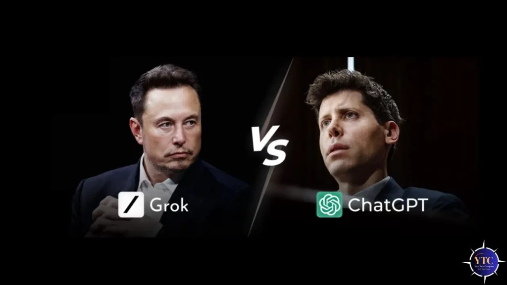 A head-to-head comparison featuring Elon Musk (left, labeled “Grok” with xAI logo) and Sam Altman (right, labeled “ChatGPT” with OpenAI logo), separated by a bold “VS,” framing a symbolic rivalry between the leaders and their respective AI models.