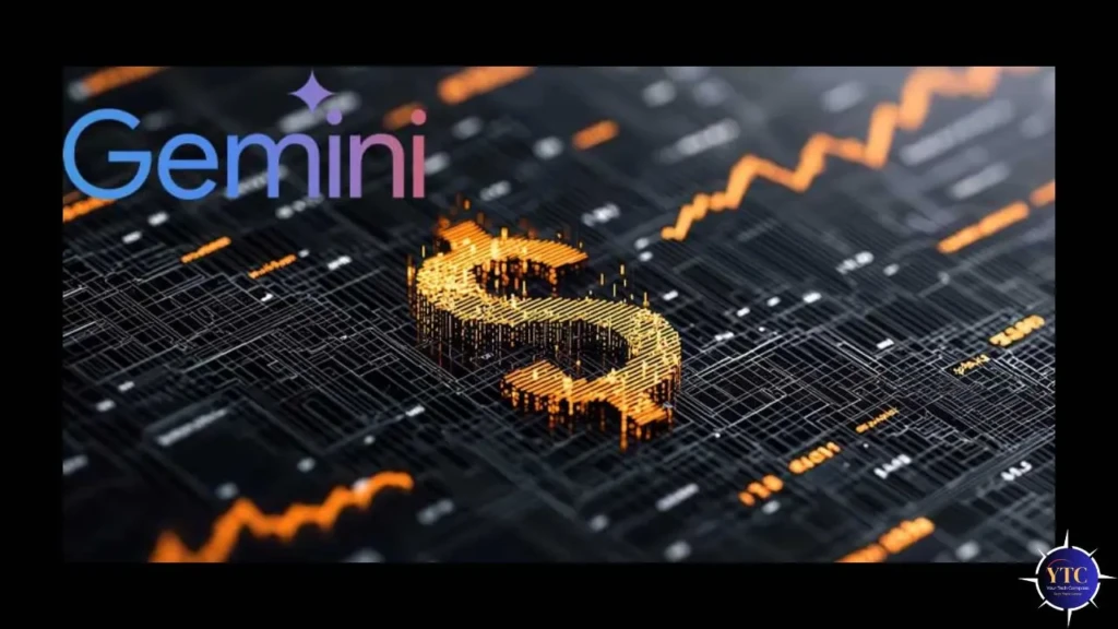The “Gemini” logo in gradient blue-to-pink text above a glowing golden 3D dollar-sign symbol built from circuit-like lines, set against a dark digital grid with rising orange trend lines, visually linking Gemini AI to economic impact, innovation, and scalable value creation.