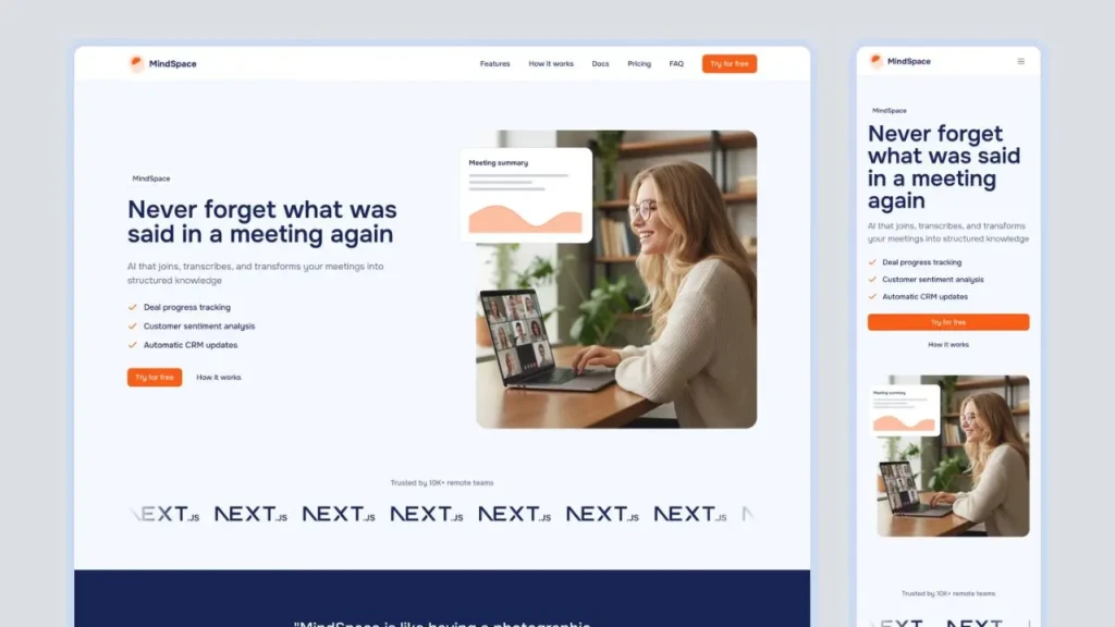 Alt text: "Website design for MindSpace showcasing AI meeting tools. Features include deal tracking, sentiment analysis, and CRM updates. A woman uses a laptop with a meeting summary chart. The design is clean and modern, with orange accents for calls-to-action."