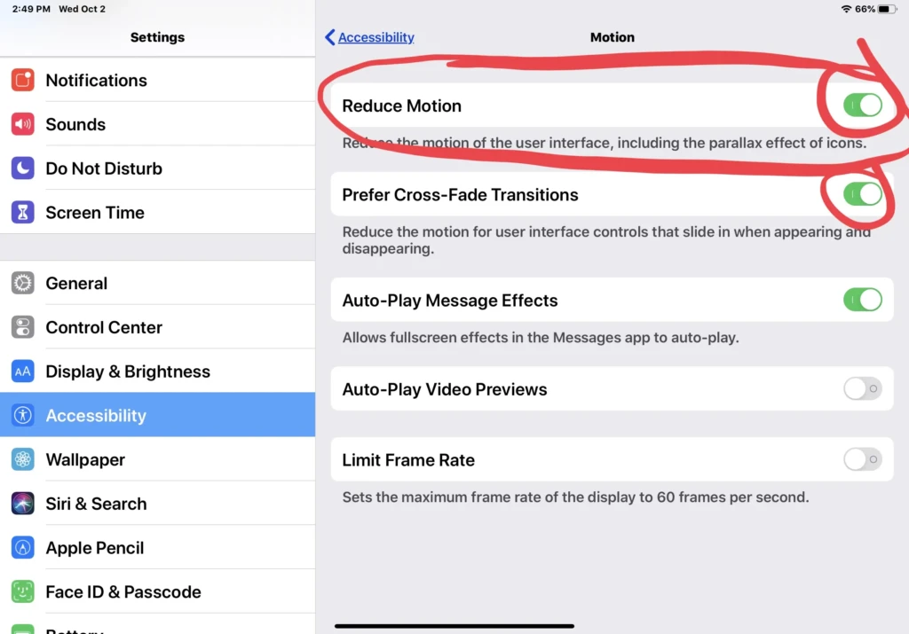 The Accessibility > Motion settings screen with “Reduce Motion” and “Prefer Cross-Fade Transitions” toggles both enabled (green), circled in red, showing how to minimize UI animations for improved performance or reduced motion sensitivity.