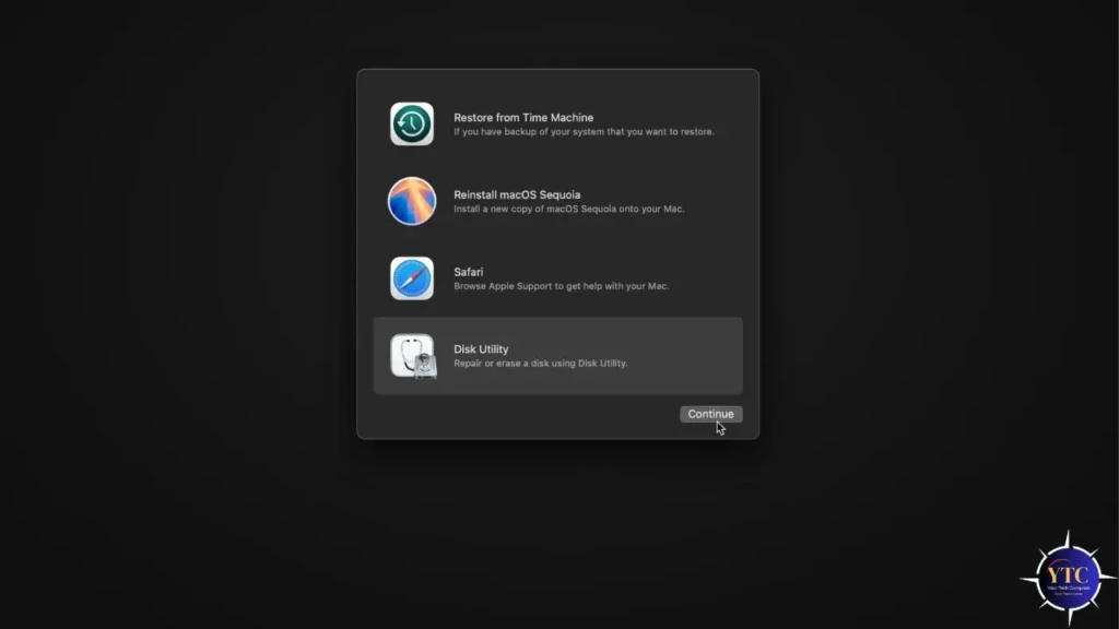 The macOS Recovery options screen showing four choices: “Restore from Time Machine,” “Reinstall macOS Sequoia,” “Safari,” and “Disk Utility,” with the “Continue” button highlighted and a cursor hovering over it, indicating the selection screen for system recovery and repair.