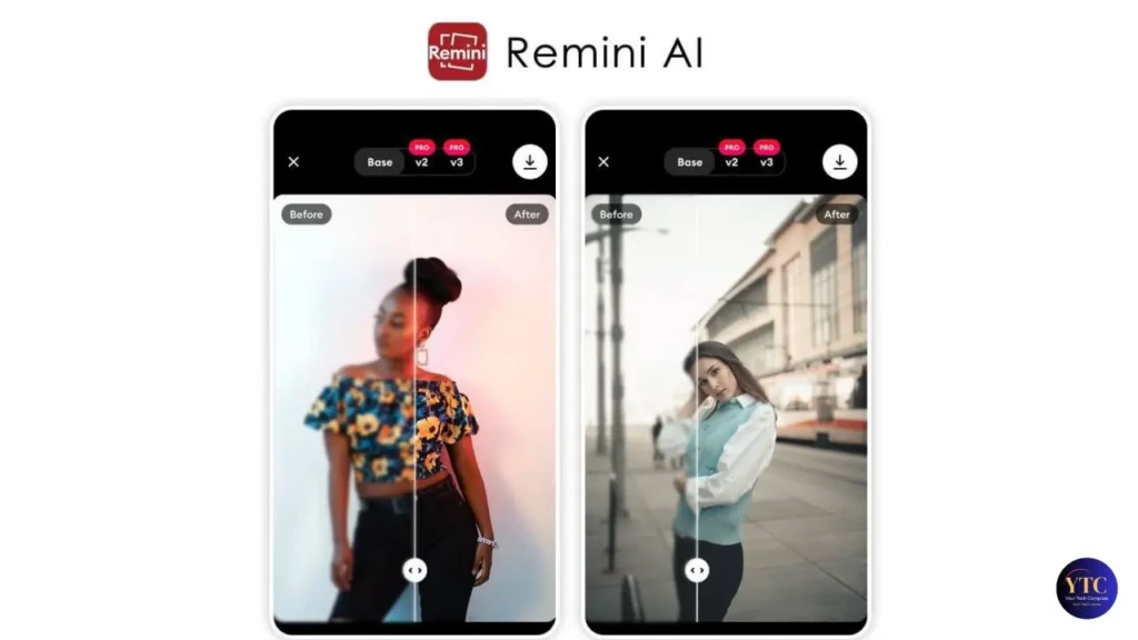 A side-by-side comparison from the Remini AI app showing “Before/After” edits: left features a portrait with enhanced skin and lighting; right shows another portrait with improved sharpness and background refinement, demonstrating AI-driven photo upscaling and restoration capabilities.