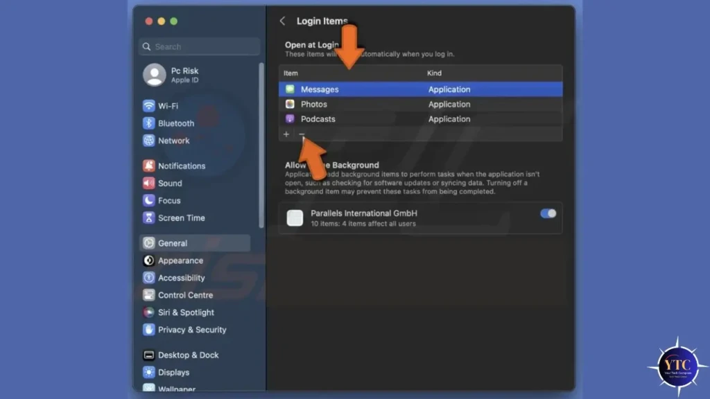 The Login Items pane in System Settings, with a red arrow pointing to the “+” button to add items, and another arrow highlighting the “Messages” app in the list of auto-launching applications, illustrating how to manage startup apps on macOS.