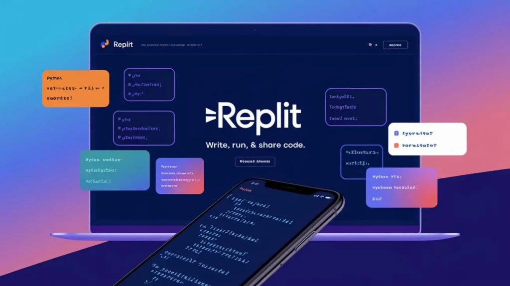 A laptop and smartphone displaying the Replit interface with the tagline “Write, run, & share code,” surrounded by floating code snippets in colorful speech bubbles labeled “Python,” “JavaScript,” and other languages, illustrating Replit’s cross-device, language-agnostic coding environment.