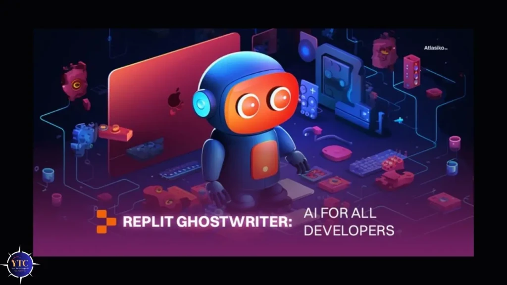 An illustrated scene featuring a friendly blue-and-orange robot (the “Replit Ghostwriter”) amid tech elements like a MacBook, circuit boards, and development tools, with the text “REPLIT GHOSTWRITER: AI FOR ALL DEVELOPERS,” emphasizing accessible, AI-powered coding assistance for developers of all levels.