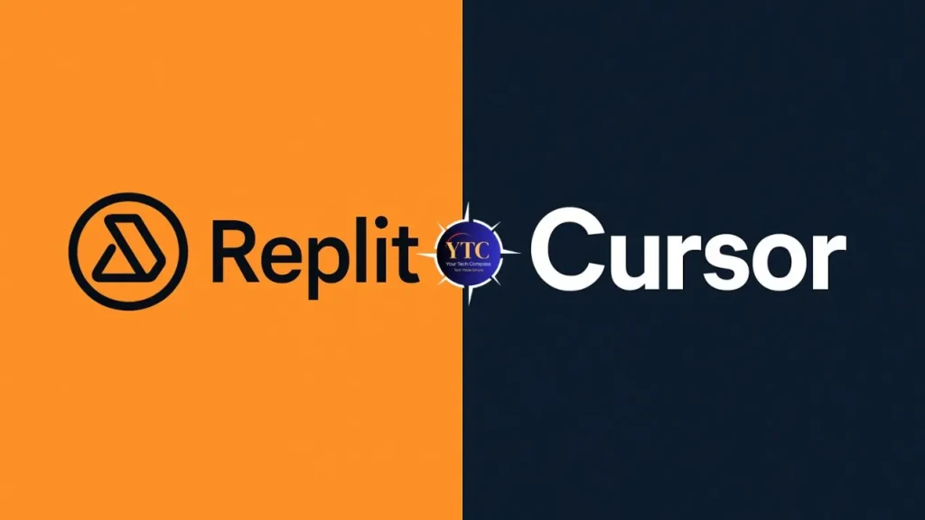 A split-screen graphic contrasting “Replit” (left, orange background with black logo) and “Cursor” (right, dark navy background with white text), separated by a central YTC watermark, visually framing a head-to-head comparison between two AI-powered coding platforms.
