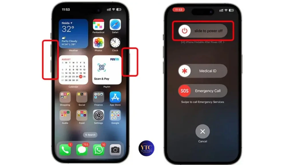 Two iPhone screens side by side: left shows the home screen with red boxes highlighting the volume buttons; right shows the power-off screen with “slide to power off” highlighted, indicating the hardware button combination used to force restart or access recovery options.