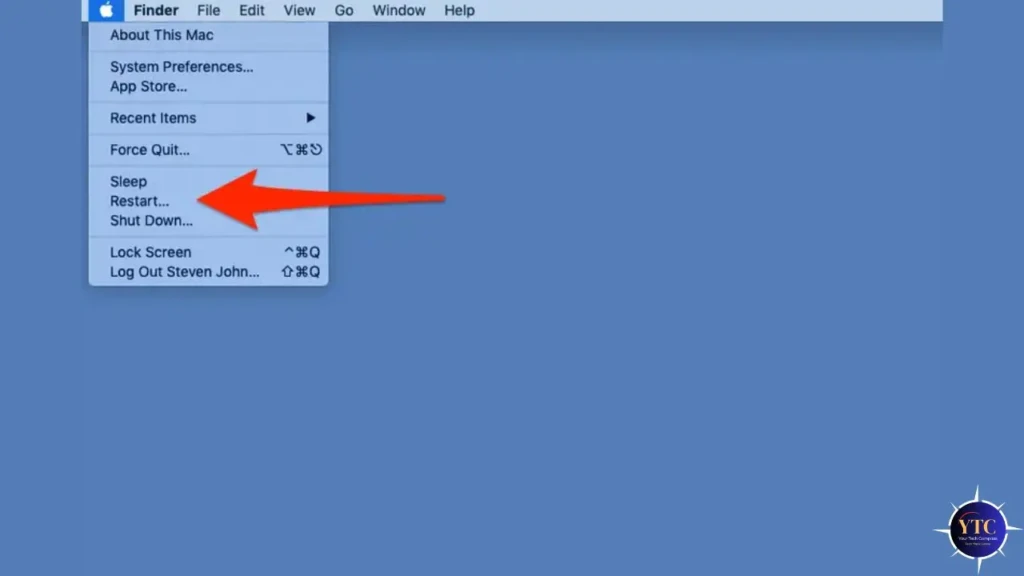 The macOS Apple menu dropdown with a red arrow pointing to “Restart…”, highlighting the option among others including “Sleep”, “Shut Down…”, and “Force Quit…” illustrating the standard method to reboot a Mac.