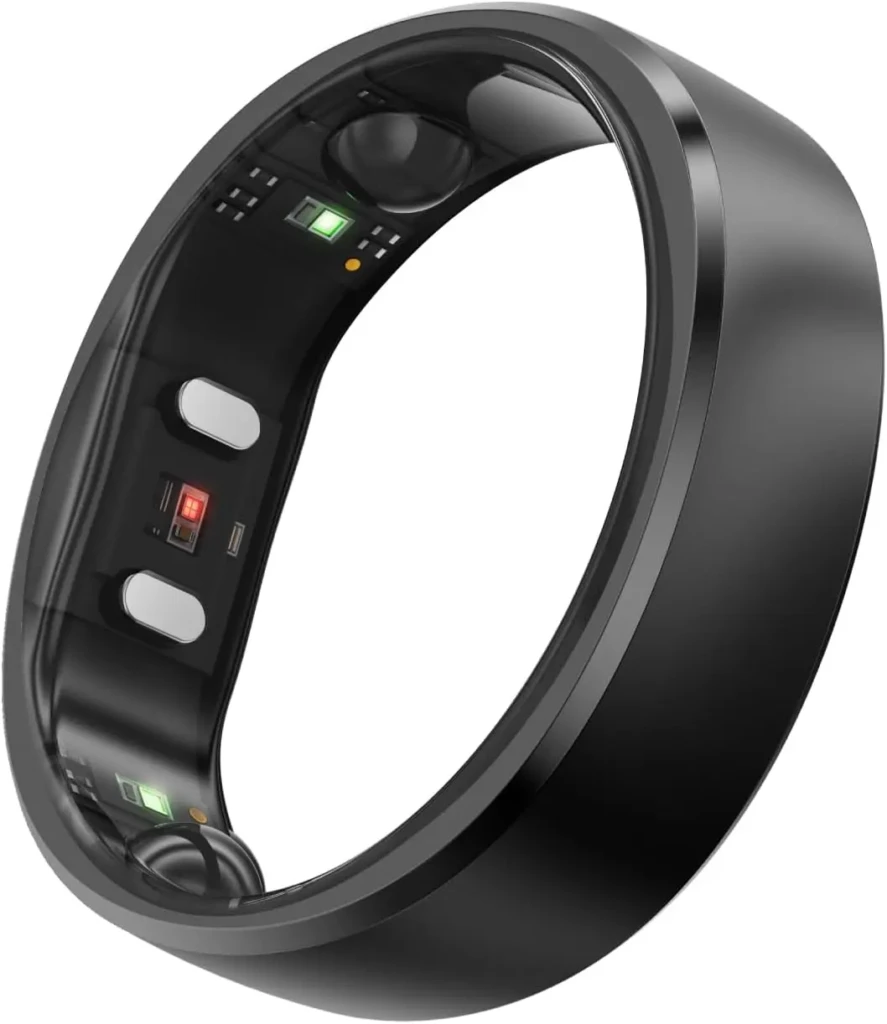 A black smart ring with a semi-transparent side view revealing internal sensors, LEDs (green and red), and charging contacts, highlighting its technical architecture and biometric monitoring components.