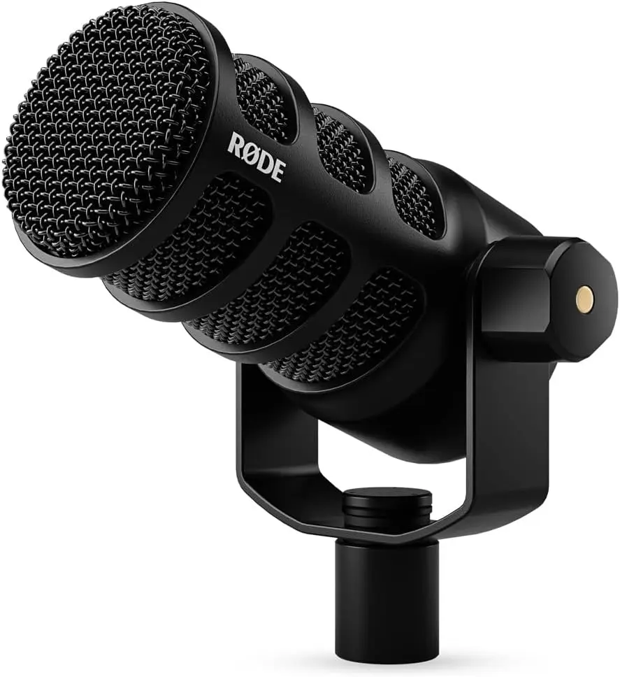 Close-up of a sleek, black, modern microphone with a mesh grille, angled upward. The brand logo is visible, conveying a professional tone.