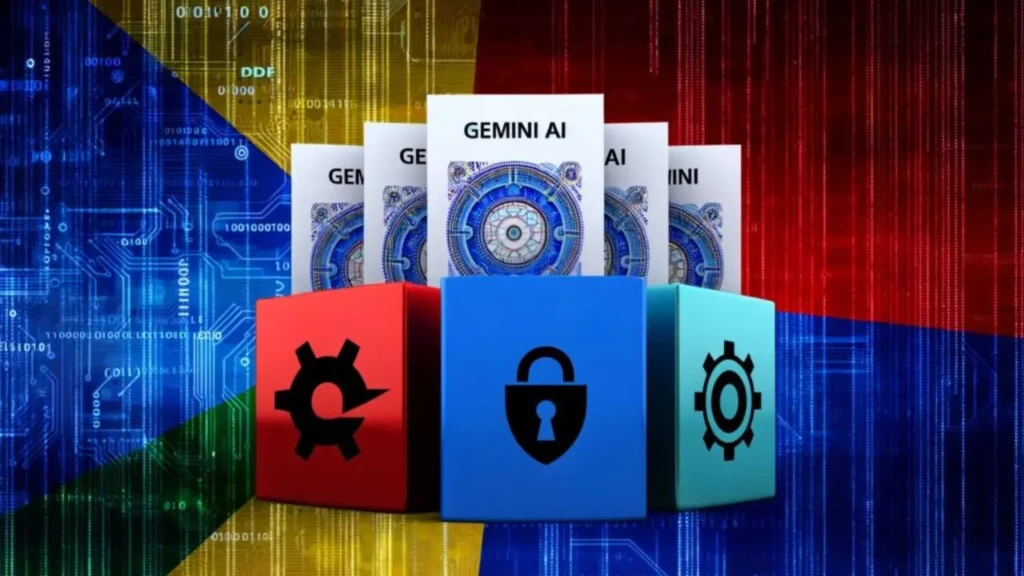 A conceptual graphic showing three colored cubes (red, blue, cyan) with icons for settings, a lock, and settings again, positioned in front of stacked documents labeled “GEMINI AI” and a circuit-board–style digital background with binary code and color gradients, symbolizing Gemini AI’s architecture, security, and modular configuration.