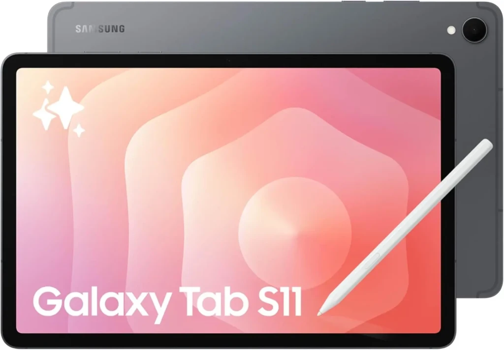 Front view of a Samsung Galaxy Tab S11 with a sleek design, showing a pink and orange gradient screen and a stylus resting on the tablet.