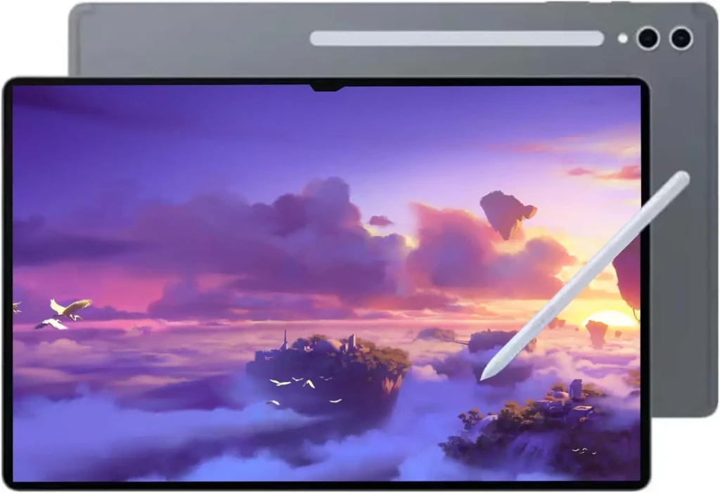 A tablet with a stylus displaying a vibrant digital artwork of floating islands and birds in a colorful, dreamy sky at sunset.