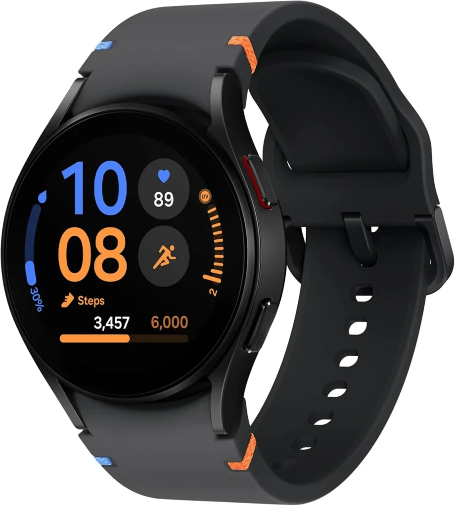 A black smartwatch with orange and blue accent details on the band and bezel, displaying a vibrant digital face with large numerals “10:08”, step count (3,457/6,000), heart rate (89), and UV index, highlighting sporty aesthetics and comprehensive activity metrics.
