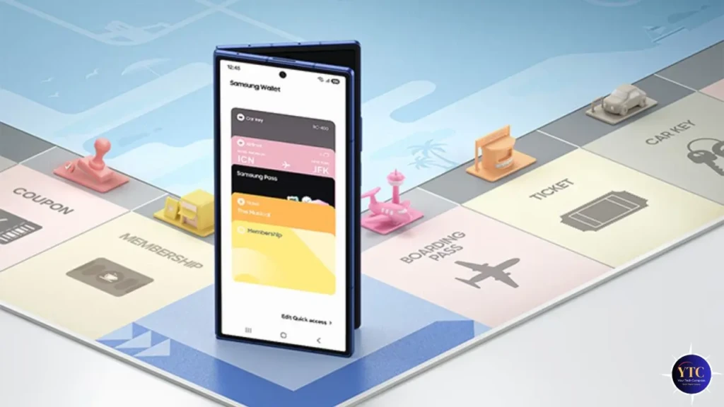 A Samsung Galaxy foldable phone displaying Samsung Wallet with cards for car key, ICN/JFK boarding pass, and membership, standing upright on a board-game-style surface labeled “COUPON,” “MEMBERSHIP,” “TICKET,” and “BOARDING PASS,” showcasing integrated digital credentials and real-world utility.