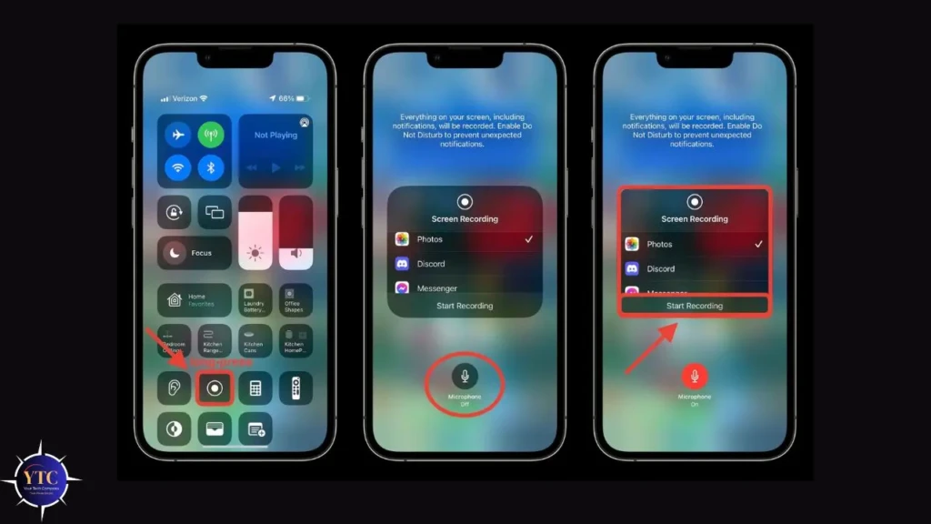 A three-phone workflow: left shows long-pressing the screen recording icon in Control Center; middle shows the screen recording permission overlay with app selections (Photos, Discord, Messenger); right shows the active recording with microphone toggled on and “Start Recording” highlighted, illustrating the full activation flow including permissions and audio control.