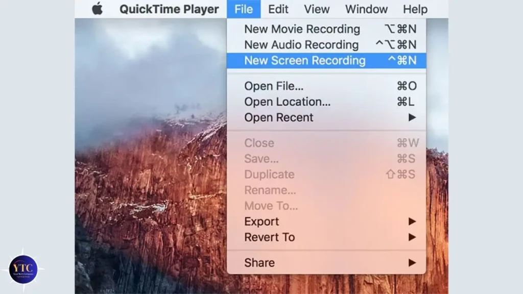 A macOS QuickTime Player menu bar showing the “File” dropdown with “New Screen Recording” highlighted in blue, alongside options like “New Movie Recording” and “Open File…,” illustrating how to initiate screen capture on a Mac.