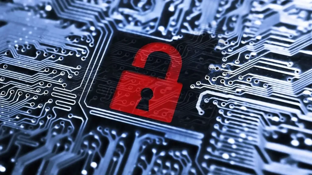 Red padlock icon on a blue printed circuit board symbolizing cybersecurity and data protection.