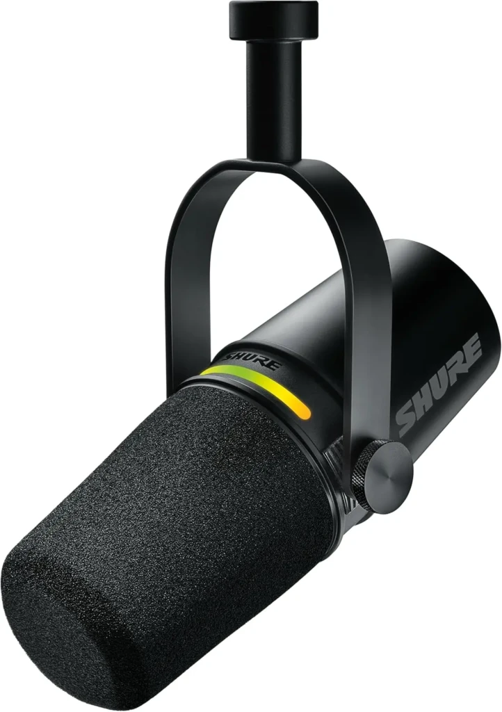 Close-up of a black microphone with a foam windscreen and mount, featuring a sleek design. The brand name is visible, giving a professional feel.
