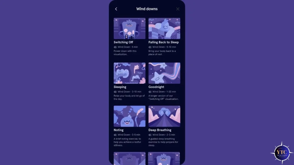 A smartphone screen displays a meditation app titled "Wind Downs," featuring six calming activity options with whimsical purple and blue illustrations.
