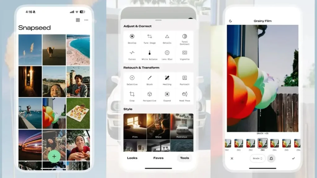 A tri-panel showcase of Snapseed: left shows a grid of edited photos in the app’s library; center displays the “Adjust & Correct” and “Retouch & Transform” tool menus; right shows a photo being edited with “Grainy Film” filter and preset thumbnails, highlighting its comprehensive, granular editing capabilities.