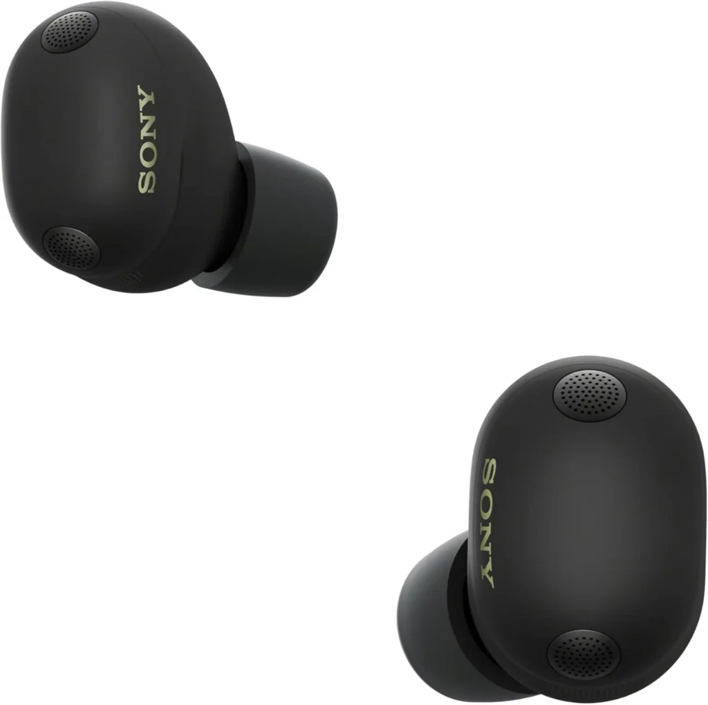Two matte black Sony wireless earbuds are shown against a white background. The brand name is visible on each earbud, highlighting sleek design.