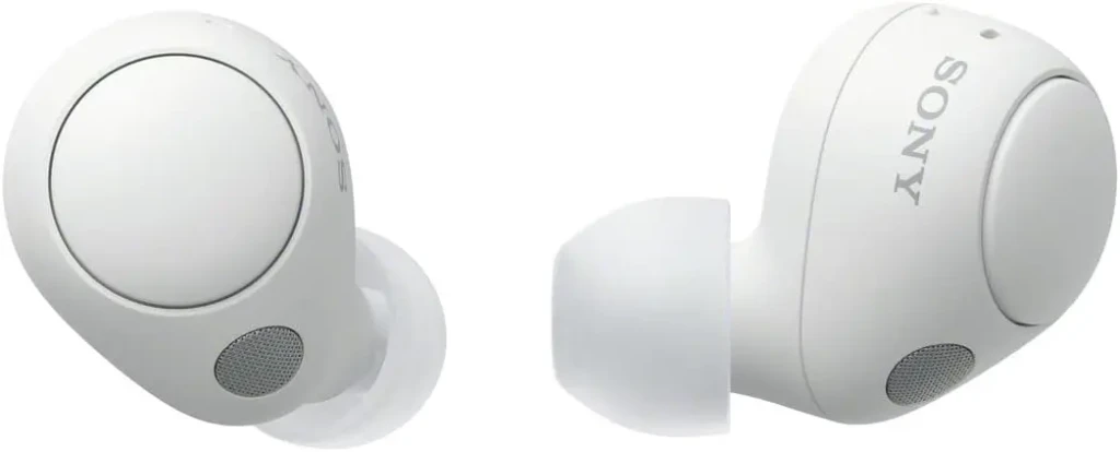 Two white Sony earbuds shown from different angles against a clean white background, highlighting the circular touch control surface, “SONY” branding, and silicone ear tips, emphasizing minimalist design and premium build quality.