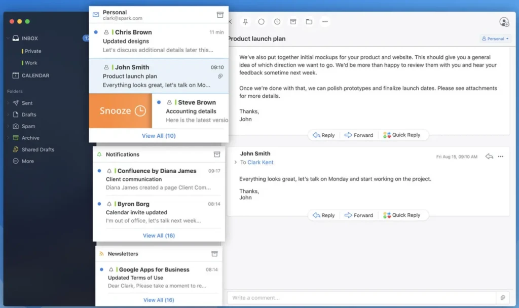 A desktop email client interface with a sidebar showing folders (Inbox, Calendar, Sent), a central pane listing emails from Chris Brown, John Smith, and Steve Brown, and a right-side preview of a “Product launch plan” email with reply/forward options, highlighting integrated email management and team collaboration features.
