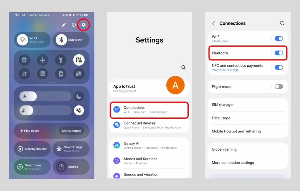 Smartphone settings screens showing steps to enable Bluetooth. First screen shows swipe down menu; Bluetooth icon is on. Second screen shows Settings with "Connections" highlighted. Third screen displays connections menu with Bluetooth switch toggled on.