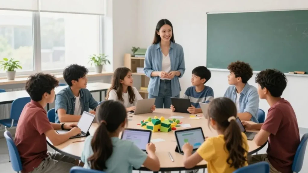 A smiling teacher standing beside a circular table where six diverse students collaborate using tablets and colorful manipulatives, with a green chalkboard and large windows in the background, showcasing an interactive, student-centered classroom powered by edtech.