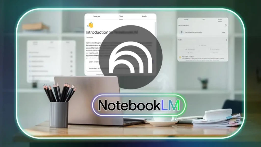 Image of a desk with an open laptop featuring the NotebookLM logo on the screen. A pencil holder and stacked papers suggest a workspace setting.