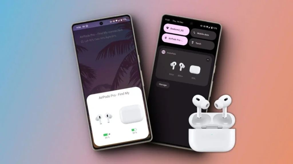 Two smartphones display, showcasing AirPods Pro connection interfaces on their screens. AirPods Pro with an open charging case is placed beside them. The background features a soft gradient from blue to pink, creating a modern and sleek tone.