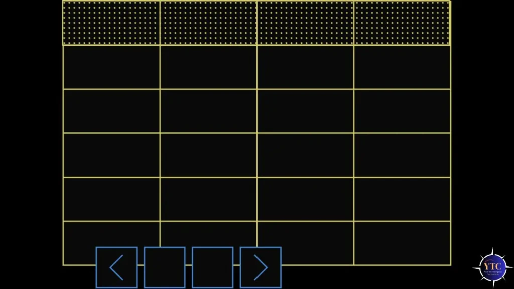 Grid layout with yellow borders on black background. Top grid squares have dots. Arrows at the bottom, with a logo in the lower right corner.