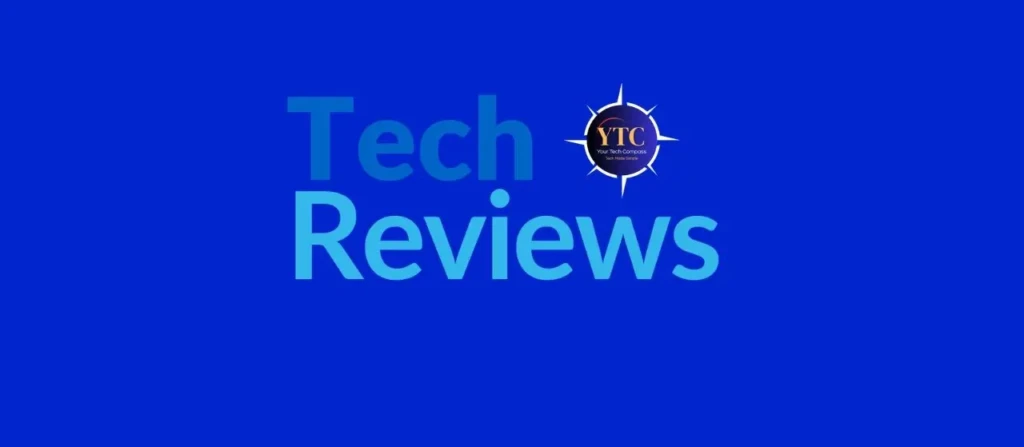 Background in blue featuring the text “Tech Reviews” in varying shades, accompanied by a logo labeled "YTC" in a circular design.