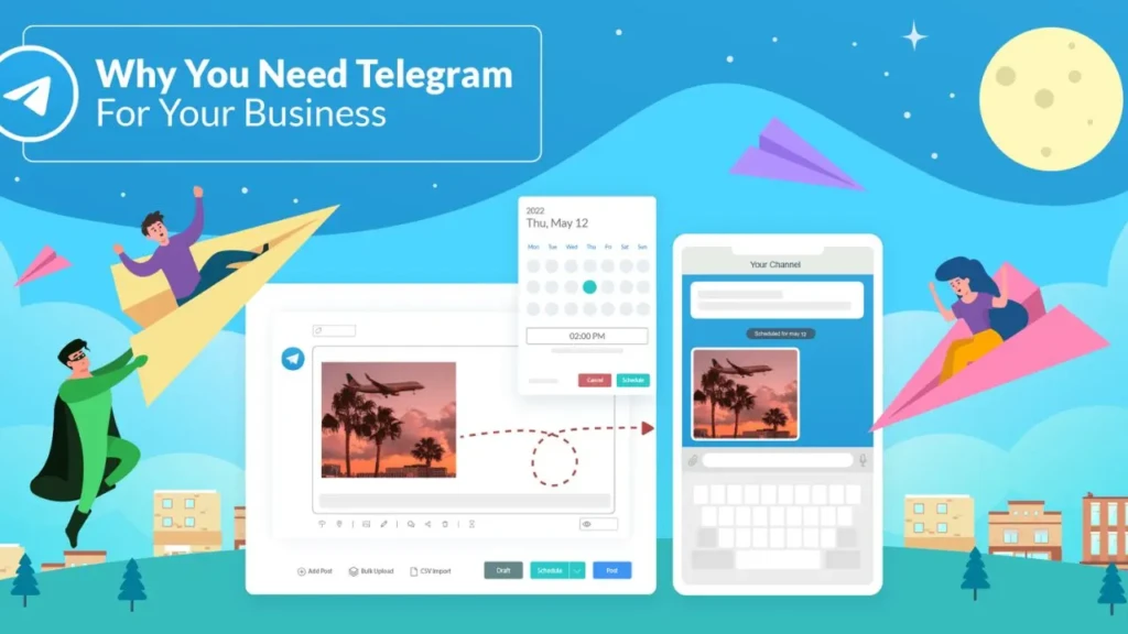 Alt text: "Illustration promoting Telegram for business use. Includes people flying paper planes, a smartphone displaying a Telegram channel, and a calendar interface. The background features a night sky with stars and a moon."
