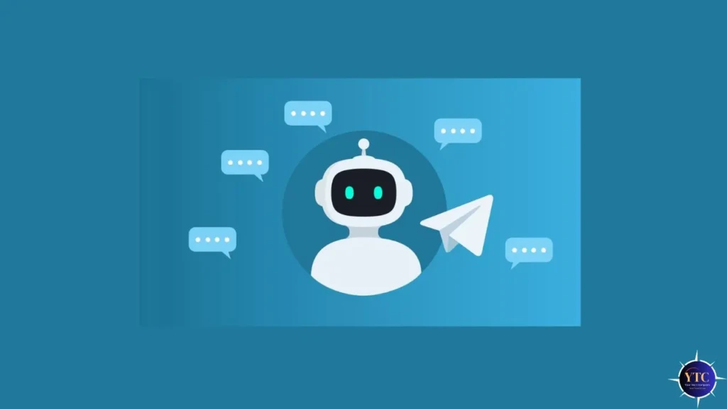 A robot with a friendly expression is surrounded by chat bubbles and a paper plane icon on a blue background, symbolizing AI communication.