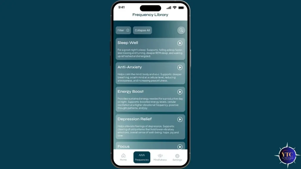 A smartphone screen showing the SOAAK “Frequency Library” with categorized audio programs: “Sleep Well,” “Anti-Anxiety,” “Energy Boost,” “Depression Relief,” and “Focus,” each with a play button and descriptive benefits, illustrating its evidence-based sound therapy offerings.