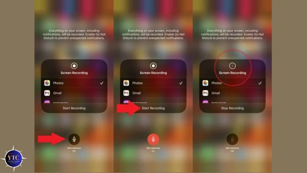 A three-panel sequence showing iPhone screen recording setup: left panel displays “Start Recording” with microphone off; middle shows the same with a red arrow pointing to “Start Recording”; right shows “Stop Recording” with the screen recording indicator circled, illustrating the step-by-step process to begin and end a screen capture.