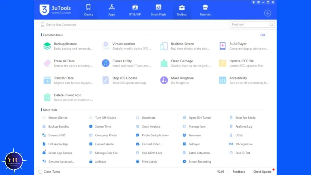 The 3uTools main dashboard displaying “Common tools” (e.g., Backup/Restore, Erase All Data, Transfer Data, Clean Garbage) and “More tools” (e.g., Reboot iDevice, Screen Time, Firmware, IPA Signature), with a top navigation bar including iDevice, Apps, Toolbox, and Tutorials, illustrating its comprehensive suite of iOS device management and utility functions.
