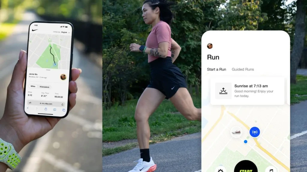A tri-panel composition: left shows an iPhone displaying NRC’s post-run summary with map and stats; center features a woman running outdoors in athletic gear; right shows the Strava app interface with a “Run” header, guided run prompt, and map overlay, illustrating real-world usage and feature contrast between the two fitness apps.