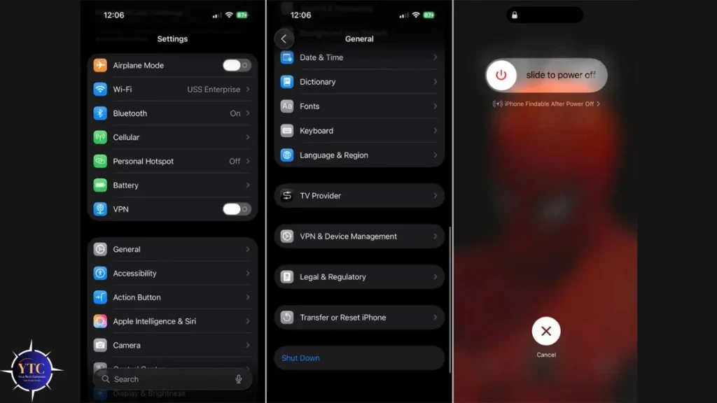 A tri-panel iPhone screenshot sequence showing: left, Settings menu with Airplane Mode, Wi-Fi, and Battery toggles; center, General > Transfer or Reset iPhone with “Shut Down” option; right, the power-off screen with “slide to power off” and “iPhone Findable After Power Off” note, illustrating steps to force restart or shut down an iPhone.