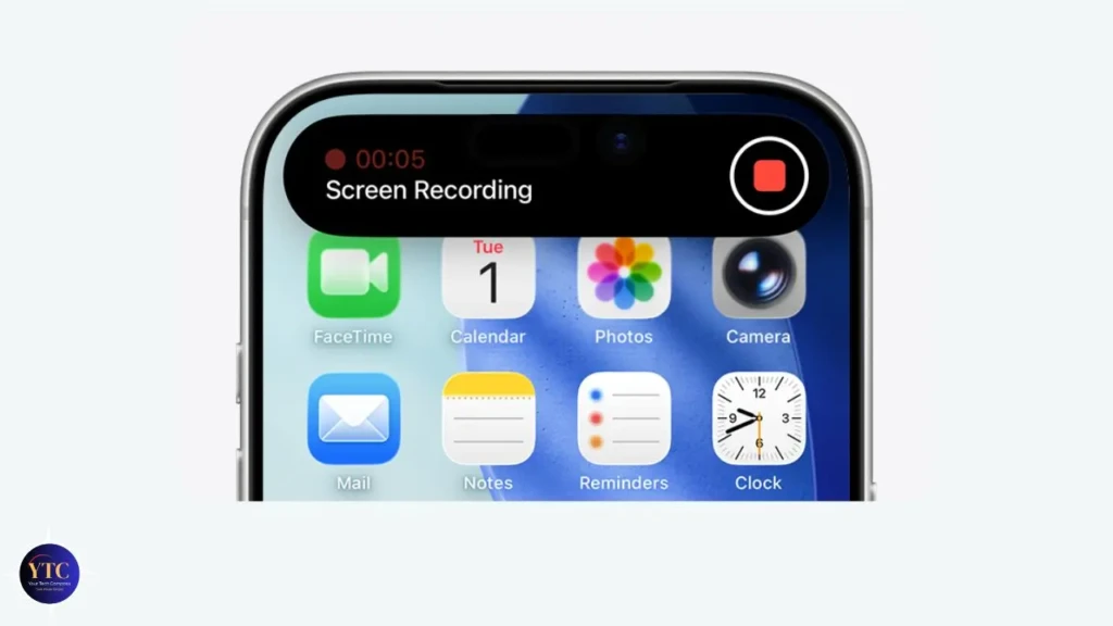 A close-up of an iPhone screen displaying the home screen with a black status overlay at the top indicating “Screen Recording” and a 5-second timer (00:05), plus a red record button in the top-right corner, showing active screen recording in progress on iOS.