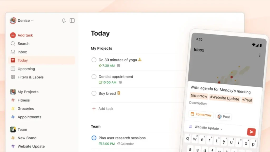 A split-screen view showing a task management app on desktop (with “Today” tasks like “Do 30 minutes of yoga” and “Dentist appointment”) and a mobile app interface on a smartphone displaying an inbox note titled “Write agenda for Monday’s meeting” with tags and collaborators, illustrating cross-device task and note synchronization.
